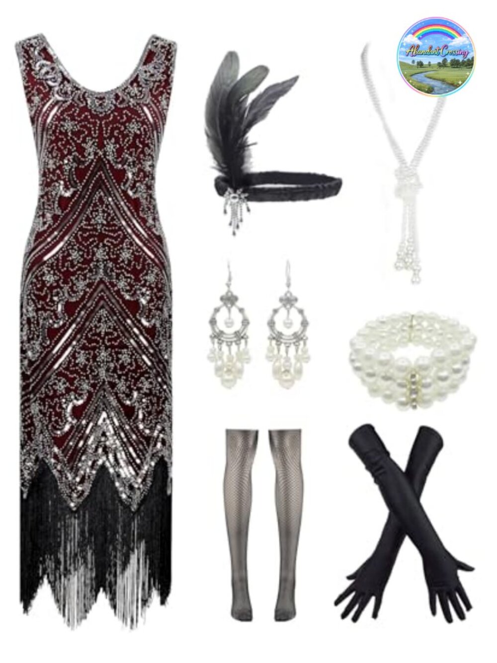 1920s Flapper Dress Sequin Fringed Polyester Costume Set Gatsby Party